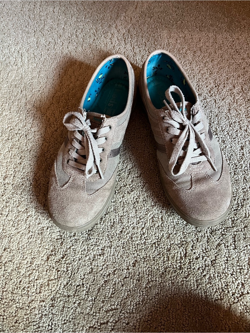Keds Beige Canvas Slip-On with Teal Insole and Floral Accent